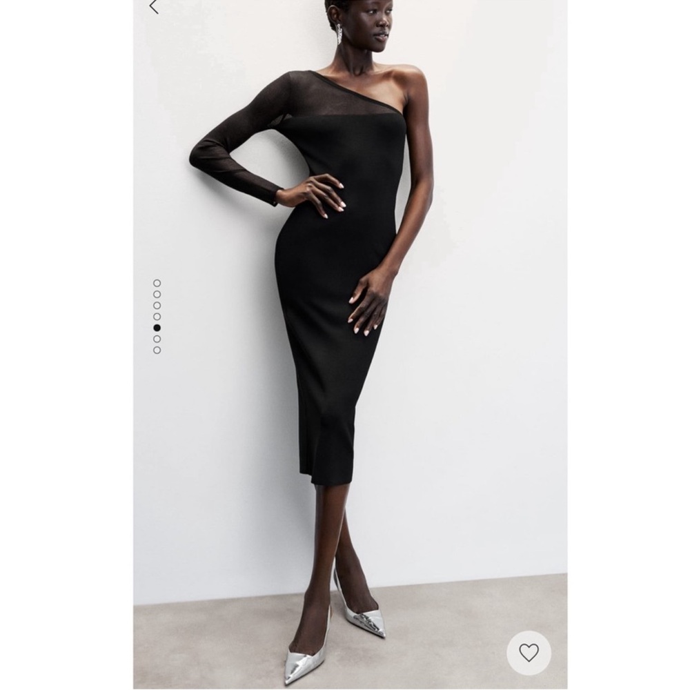 Mango Black Asymmetric One Shoulder Midi Dress Sheer Sleeve Size 4